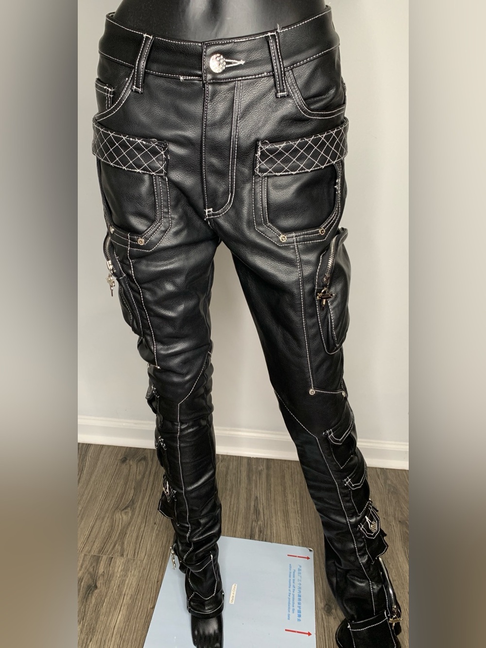 Men's Black Cargo Leather Pants with Contrasting Stitching